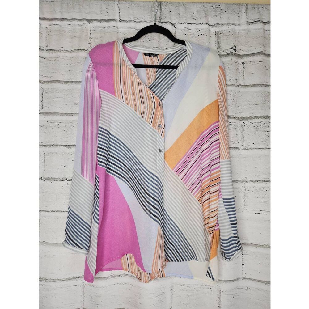 Nic+Zoe Womens Pink Stripe Vneck Lomg Sleeve Blouse Popover Blouse